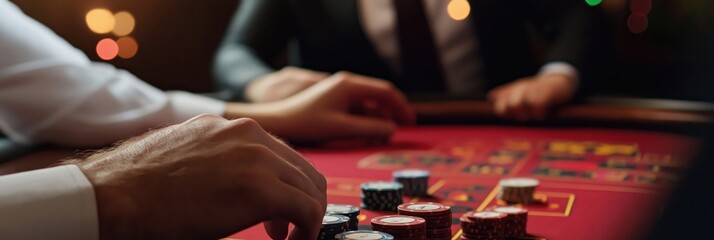 Poker players engage deeply at a table, stacks of chips ready for play. Focus is on their hands, highlighting strategy and tension in a dim, thrilling atmosphere.