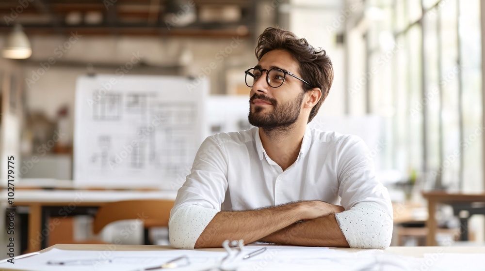 Poster man with a wrist cast sitting at his desk in an office holding a pen and thinking about how to write