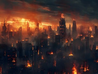 Dark Apocalyptic Cityscape Ablaze with Engulfing Flames and Crumbling Ruins Symbolizing the End of Civilization