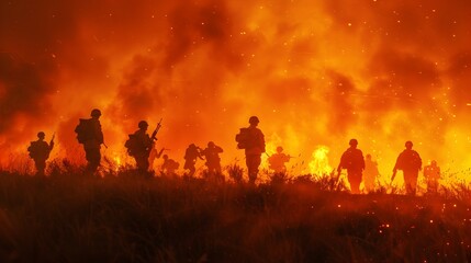Fototapeta premium Silhouetted Soldiers Against a Fiery Battlefield at Dusk Symbolizing Courage and Conflict