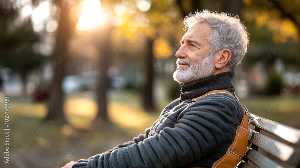 Aufkleber man with a back brace sitting on a park bench, enjoying the fresh air while recovering from surgery 