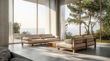 Modern beige living room by sea. Minimalist design. Large window. For stock photo or decor mag.