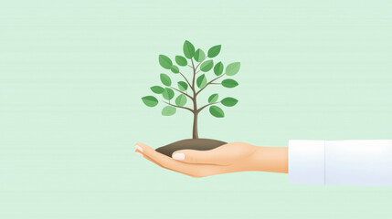 hand gently holds small tree, symbolizing growth and sustainability. This conveys sense of nurturing and environmental care, perfect for themes of nature and responsibility