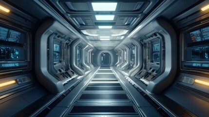 Obraz premium A futuristic spaceship corridor with glowing lights and control panels.
