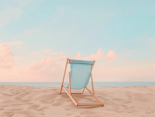 Pastel blue beach deck chair ocean summer sun sand sky relaxation vacation travel coastal minimalist aesthetic peaceful background copy space boho peaceful banner  retro calm vibe