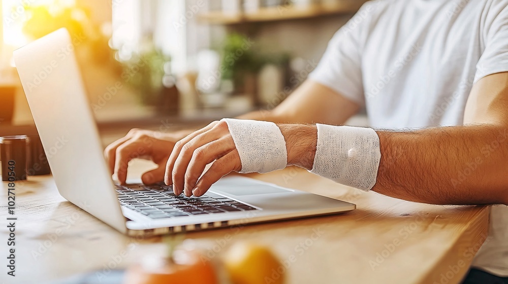 Poster man with a wrist cast sitting at his kitchen table using a laptop for online banking stock photo wit