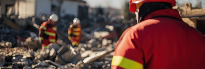 Firefighters in protective gear and helmets sift through rubble and debris at a disaster scene, embodying bravery and resilience in challenging situations.