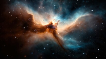 Fototapeta premium Vivid astronomical image of an interstellar nebula with bright stars and colorful cosmic gas clouds in deep space.