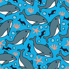 Obraz premium Cartoon style blue sharks seamless pattern for Textile Wallpaper prints, T-shirts, wrappers, fabric, textiles.