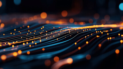 Abstract digital landscape with flowing lines and glowing orange dots in a dark background, representing data and network connectivity
