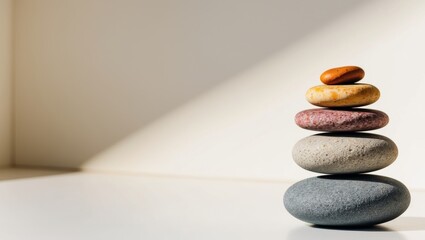 A tight shot of a single rock with various colored rocks stacked atop it.