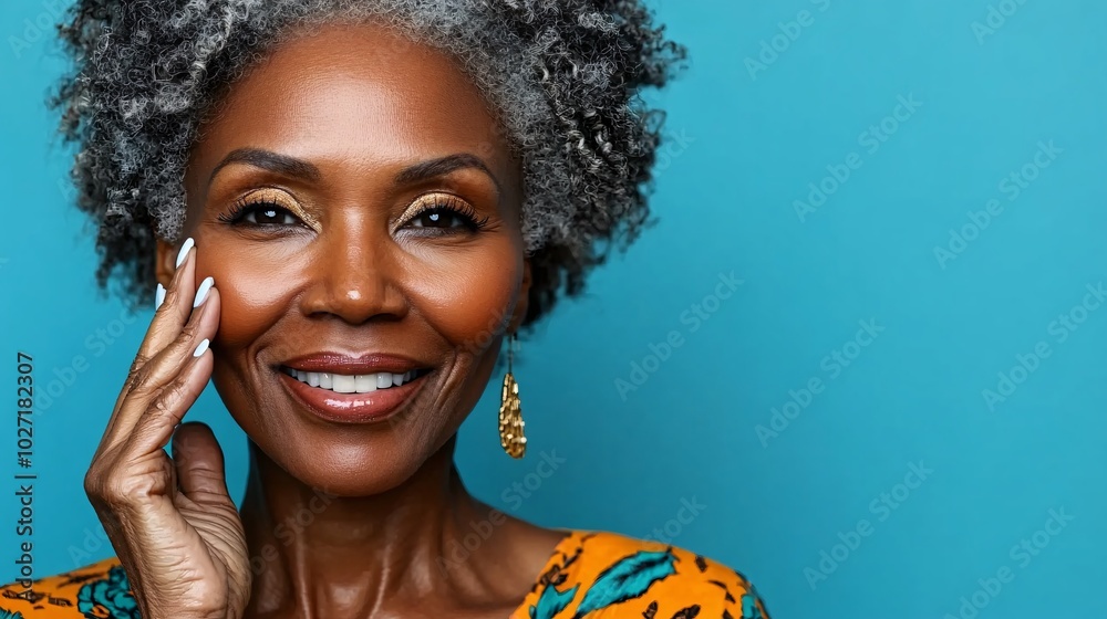 Poster elderly bipoc woman applying eye cream, smiling confidently while looking directly at the camera, is