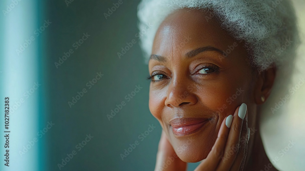 Poster elderly bipoc woman applying eye cream, smiling confidently while looking directly at the camera, is