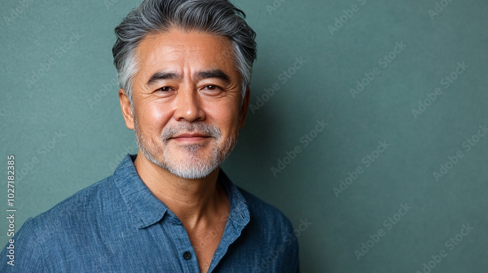 Poster asian elderly man using eye cream, looking at the camera with a gentle smile, isolated on a light gr