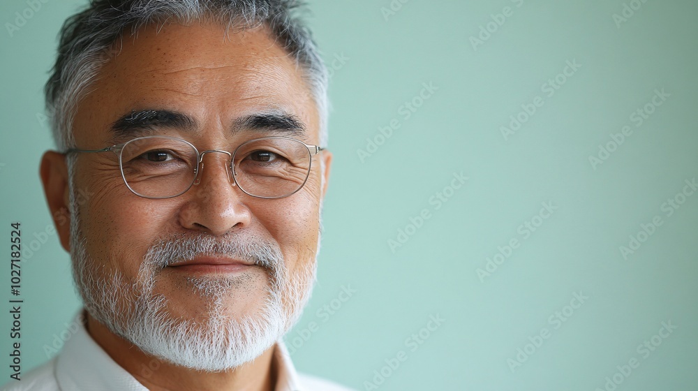 Poster asian elderly man using eye cream, looking at the camera with a gentle smile, isolated on a light gr