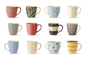 Cute coffee mugs, a simple flat vector illustration set with colorful patterns and designs on a white background