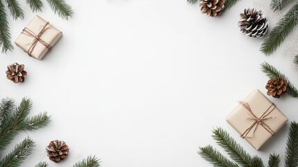 Decorative copy space for Christmas, decorated with pine cones, gifts, fir branches and balls