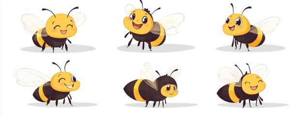 Fototapeta premium Set of six cute cartoon bees with various expressions.
