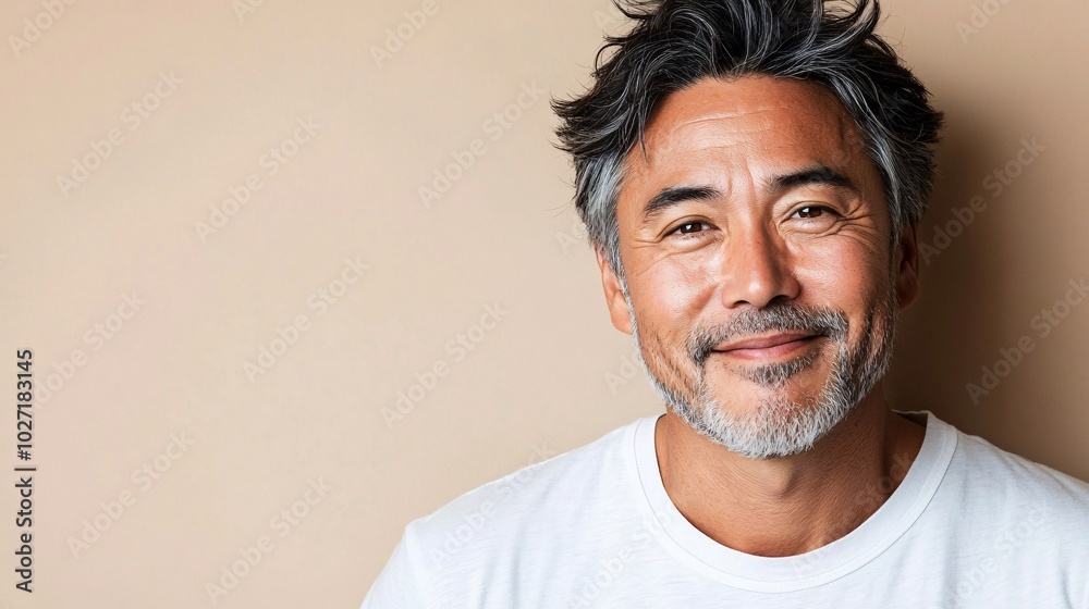 Poster asian elderly man gently using eye cream, looking at the camera with a relaxed smile, isolated on a 