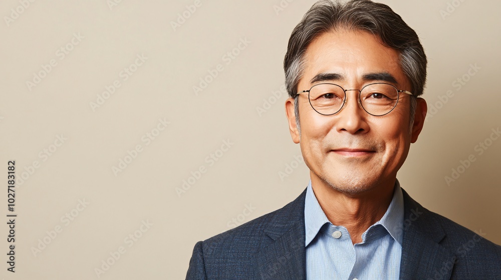 Poster asian elderly man gently using eye cream, looking at the camera with a relaxed smile, isolated on a 