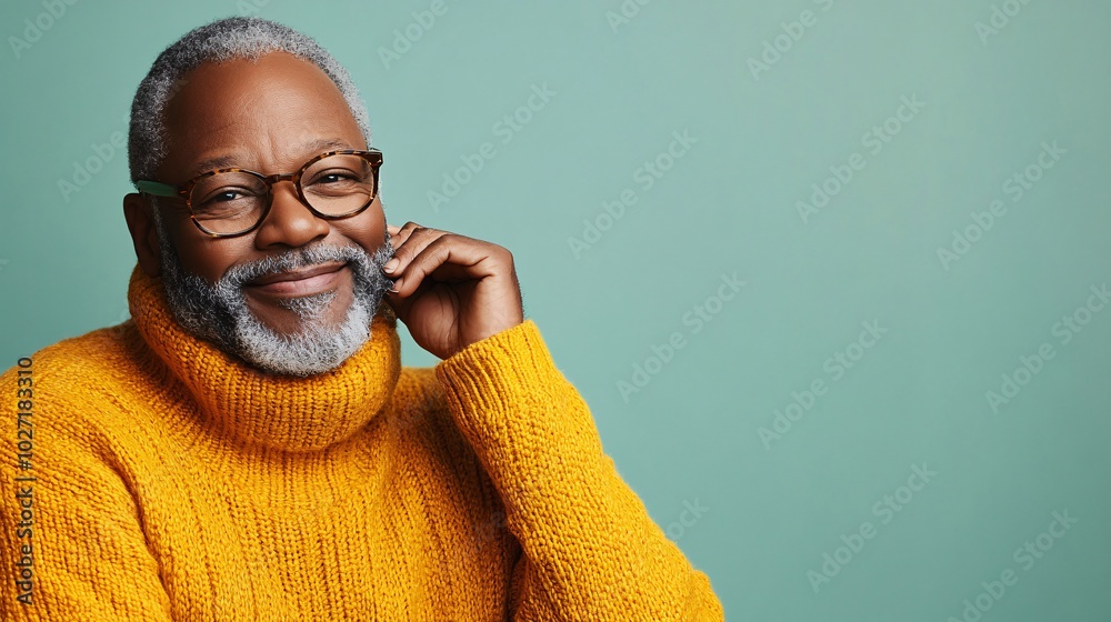 Poster elderly bipoc man smiling warmly at the camera while applying eye cream, isolated on a pale green ba
