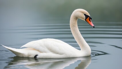 Naklejka premium A white swan floats on the water's surface with a long neck and an orange beak.