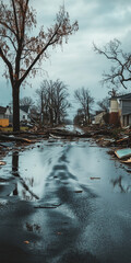 hurricane effect and after the devastated effect on street with falling trees and broken house