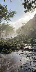 hurricane effect and after the devastated effect on street with falling trees and broken house