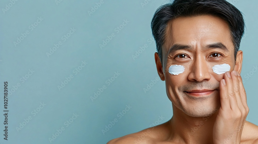 Poster asian elderly man looking directly at the camera with a kind smile, applying eye cream, isolated on 