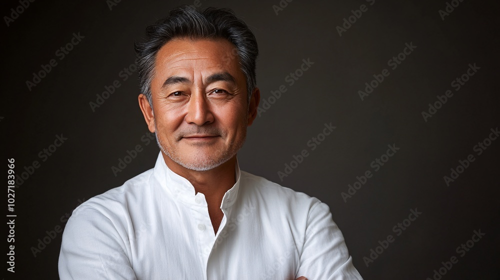 Aufkleber asian elderly man looking directly at the camera with a kind smile, applying eye cream, isolated on 