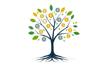 tree with coins as leaves symbolizes growth and prosperity, representing financial success and abundance. This illustration captures essence of wealth and investment
