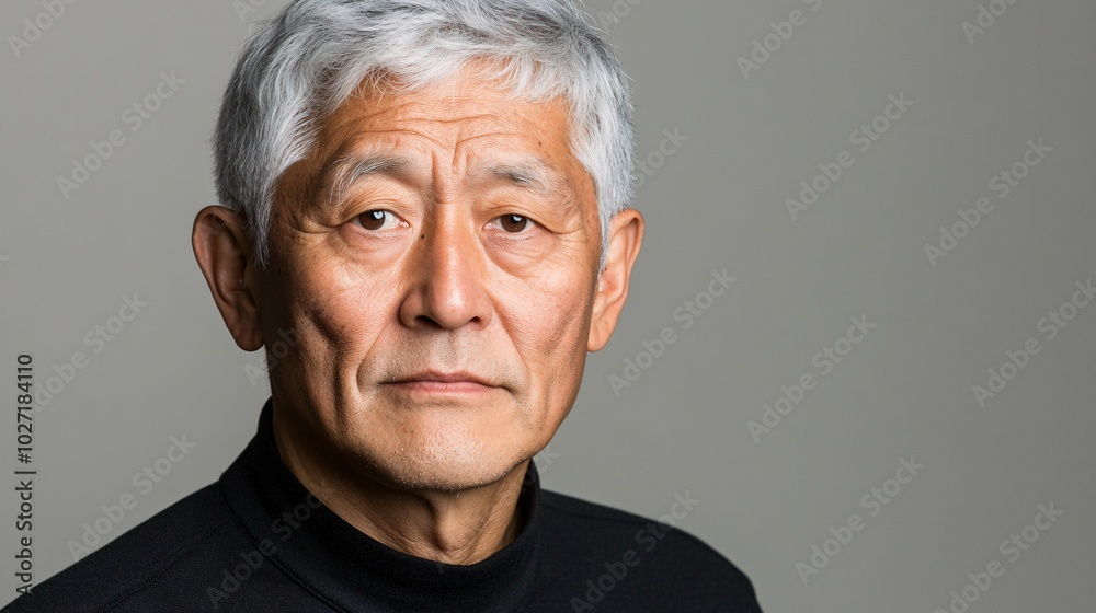 Poster asian elderly man looking directly at the camera with a kind smile, applying eye cream, isolated on 