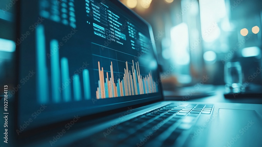 Poster close-up of financial graphs on a laptop screen alongside printed reports, displaying performance an