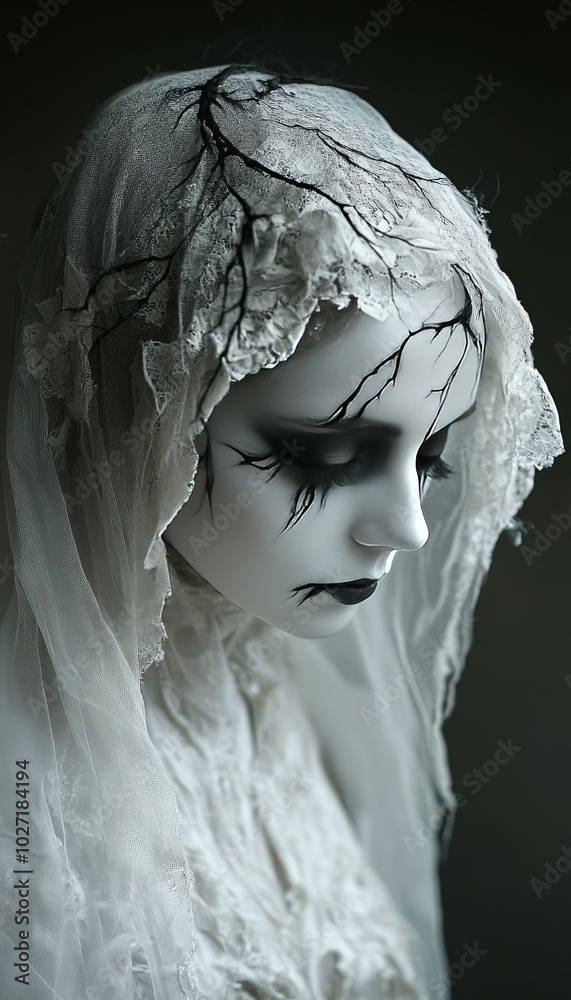 Sticker A woman with pale skin and dark makeup wears a white veil with black vines.