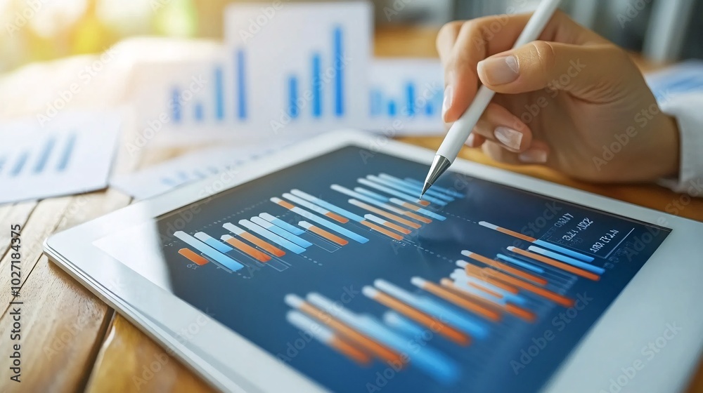 Poster Professional using a stylus to highlight data points on a tablet graph, with printed charts scattered on the desk Stock Photo with side copy space
