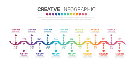 Timeline infographics design vector can be used for workflow layout, diagram, annual report, web design. Business concept with 14 options, steps or processes.