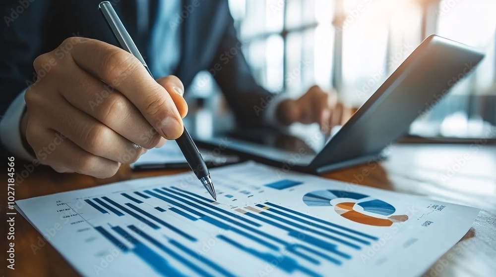 Poster Professional using a stylus to highlight data points on a tablet graph, with printed charts scattered on the desk Stock Photo with side copy space