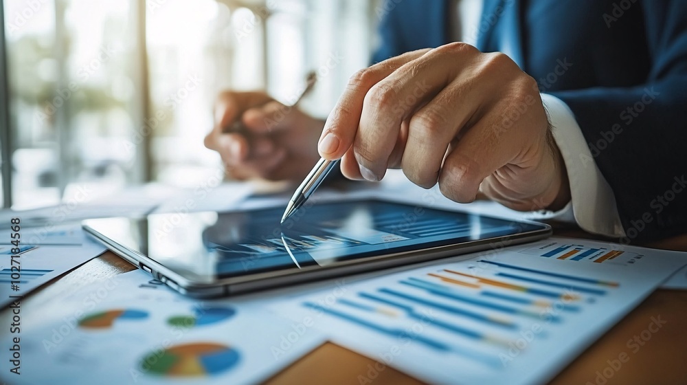 Poster Professional using a stylus to highlight data points on a tablet graph, with printed charts scattered on the desk Stock Photo with side copy space