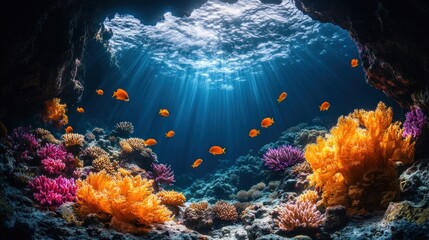 A vibrant underwater scene with colorful coral reefs and fish swimming through a sunlit cave.