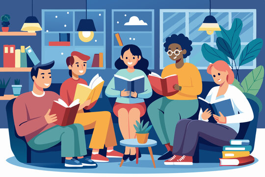 Cozy gathering of diverse friends enjoying a book club meeting in a relaxed living room setting