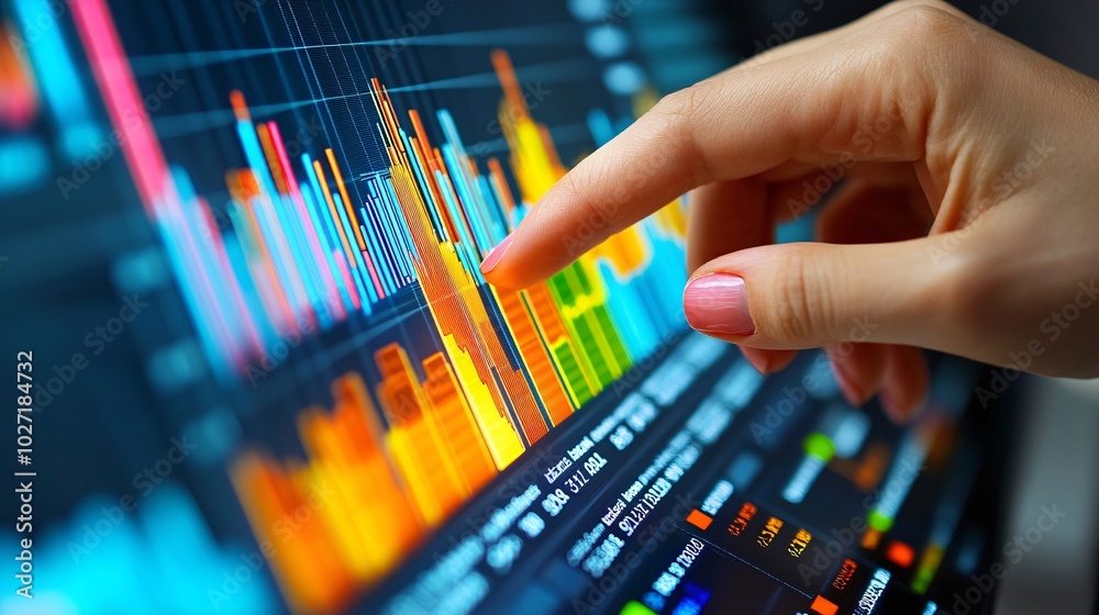 Leinwandbilder Hands pointing at financial charts on a computer screen, with printed reports laid out in the background for comparison Stock Photo with side copy space