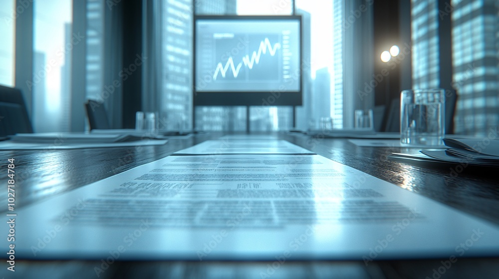 Aufkleber Financial presentation with graphs displayed on a large digital monitor and supporting documents on the table, highlighting market trends Stock Photo with side copy space