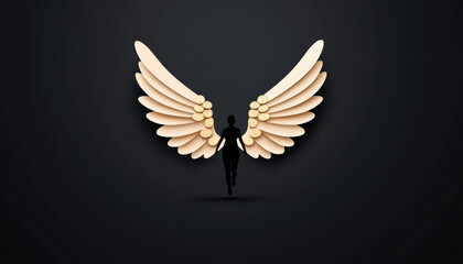 Obraz premium silhouette of person running towards golden wings made of coins, symbolizing freedom and aspiration. contrast against dark background enhances ethereal quality of image