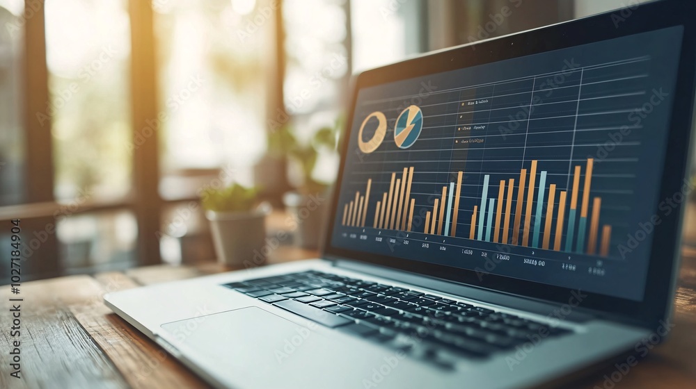 Poster Printed financial reports with bar charts and pie graphs, placed beside a laptop showing dynamic data analysis on screen Stock Photo with side copy space