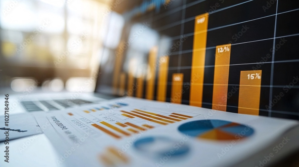 Poster Printed financial reports with bar charts and pie graphs, placed beside a laptop showing dynamic data analysis on screen Stock Photo with side copy space