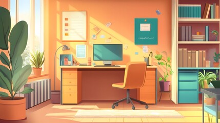 A bright and cozy home office with a computer, desk, and plants.