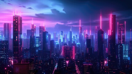 Fototapeta premium Futuristic Neon Cityscape at Dusk