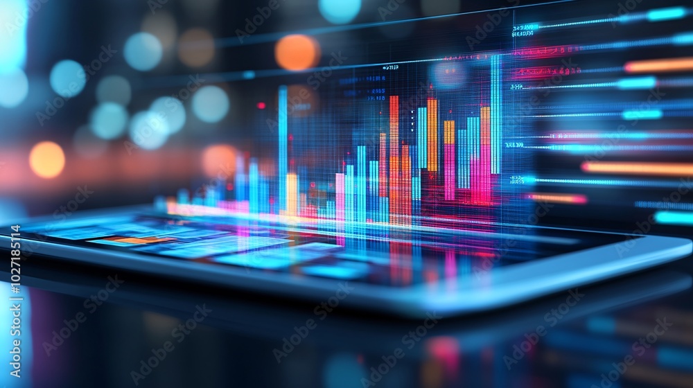 Aufkleber digital financial graph displayed on a tablet alongside printed quarterly reports, showing a compara