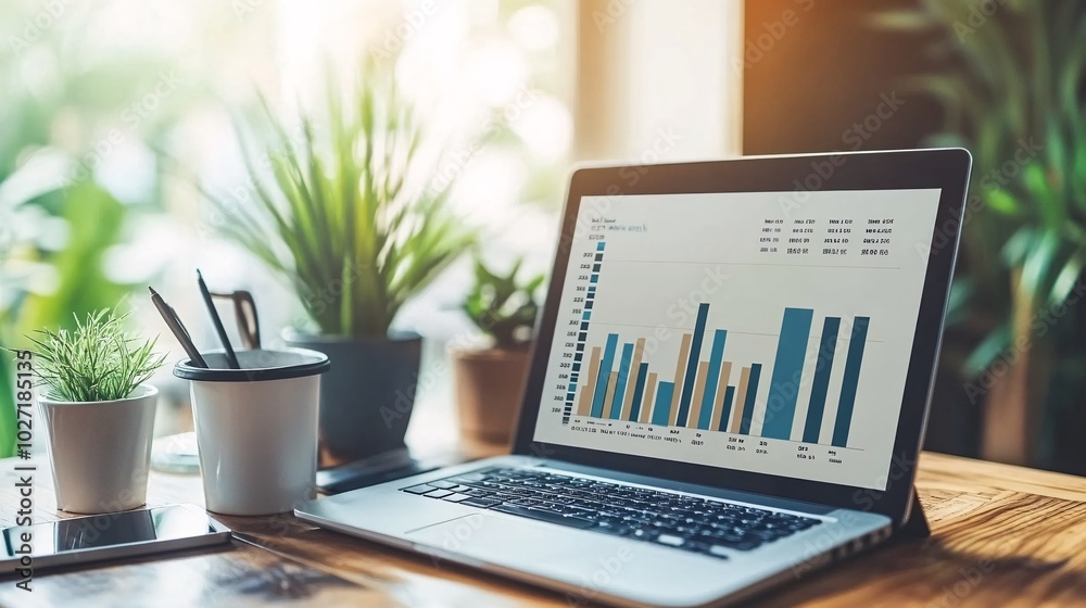 Aufkleber digital financial graph displayed on a tablet alongside printed quarterly reports, showing a compara