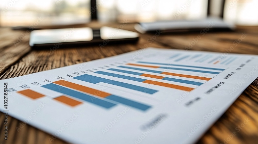 Poster digital financial graph displayed on a tablet alongside printed quarterly reports, showing a compara
